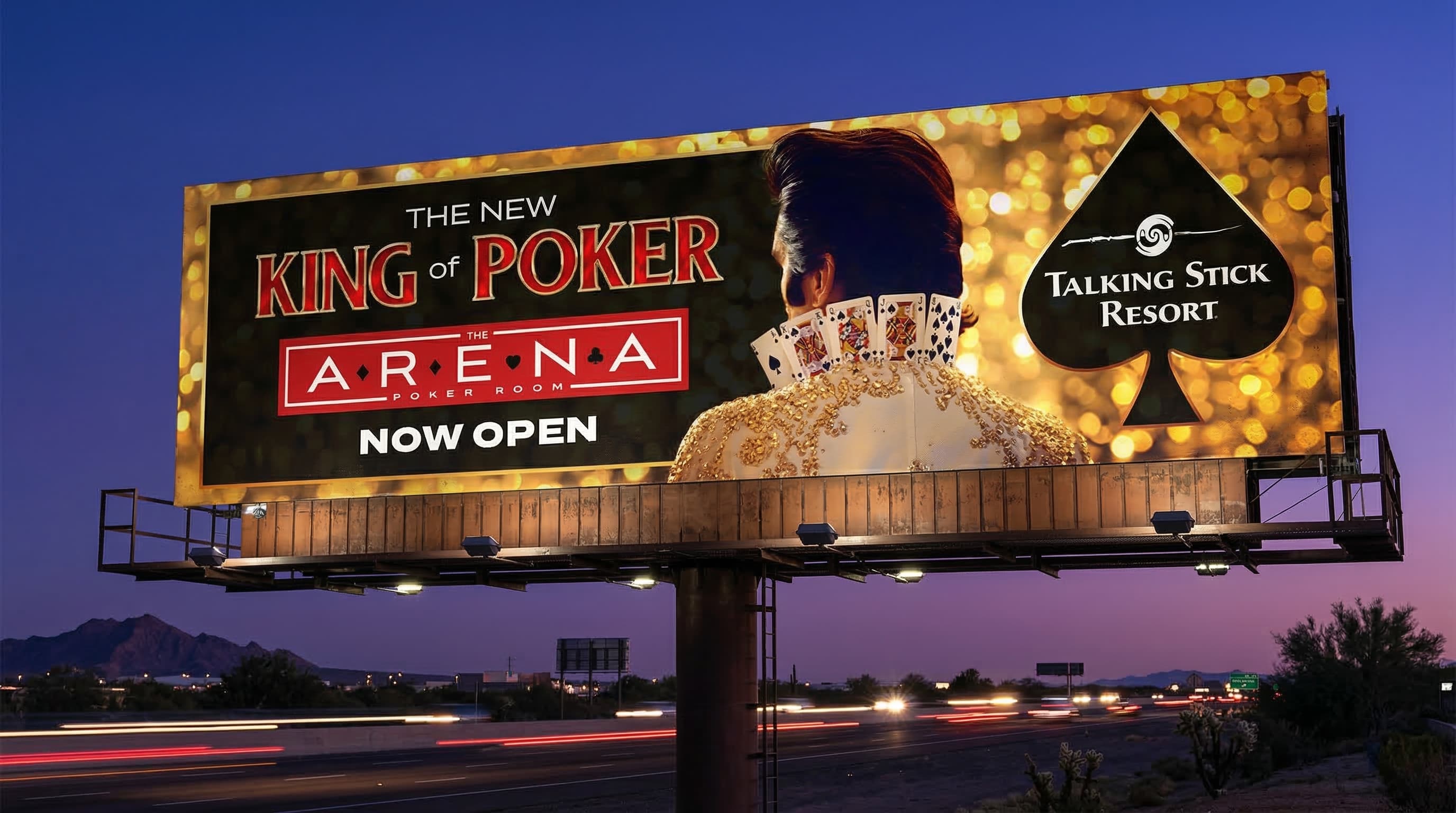 King of Poker billboard at dusk