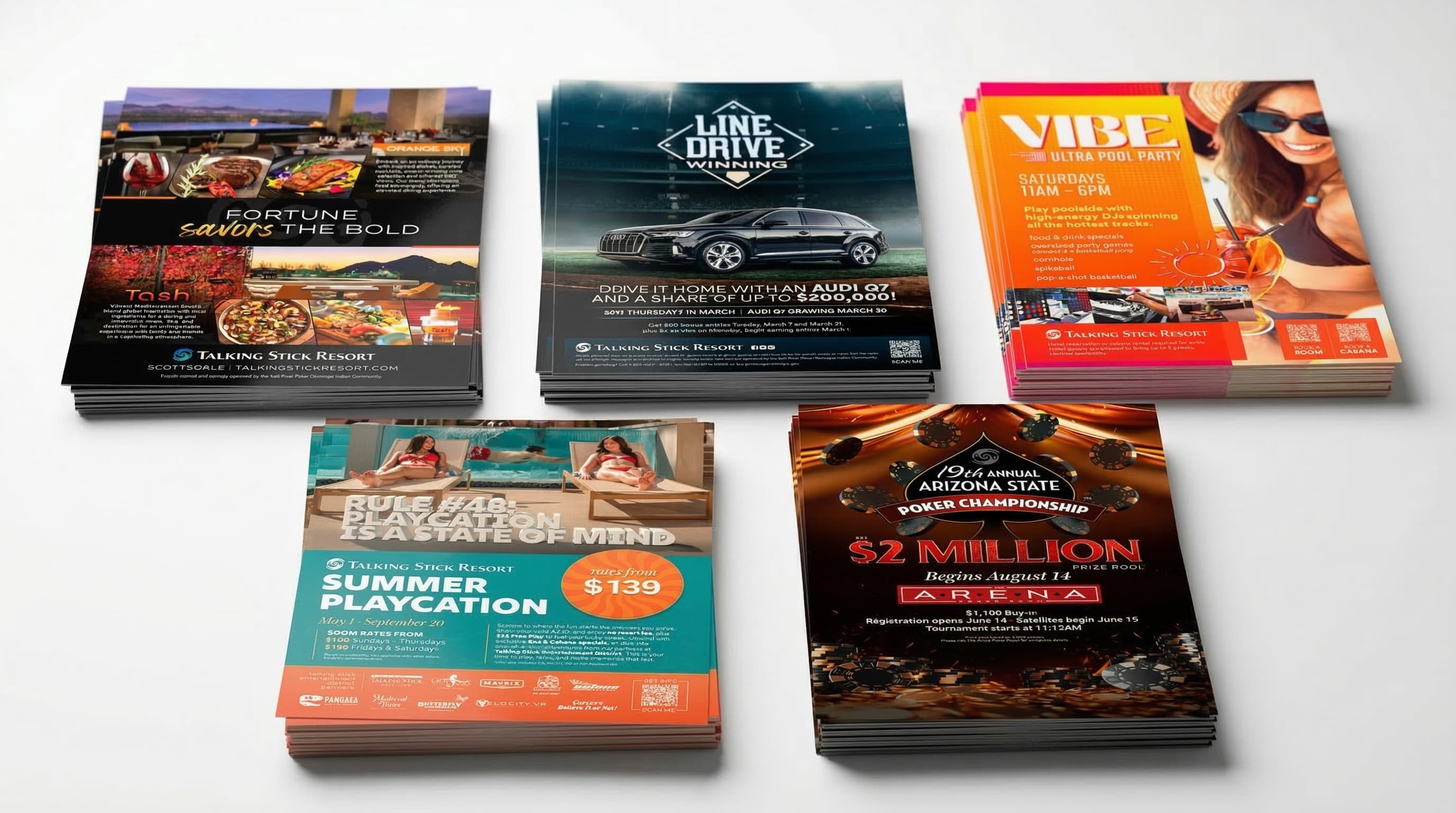 Grid of promotional flyer stacks