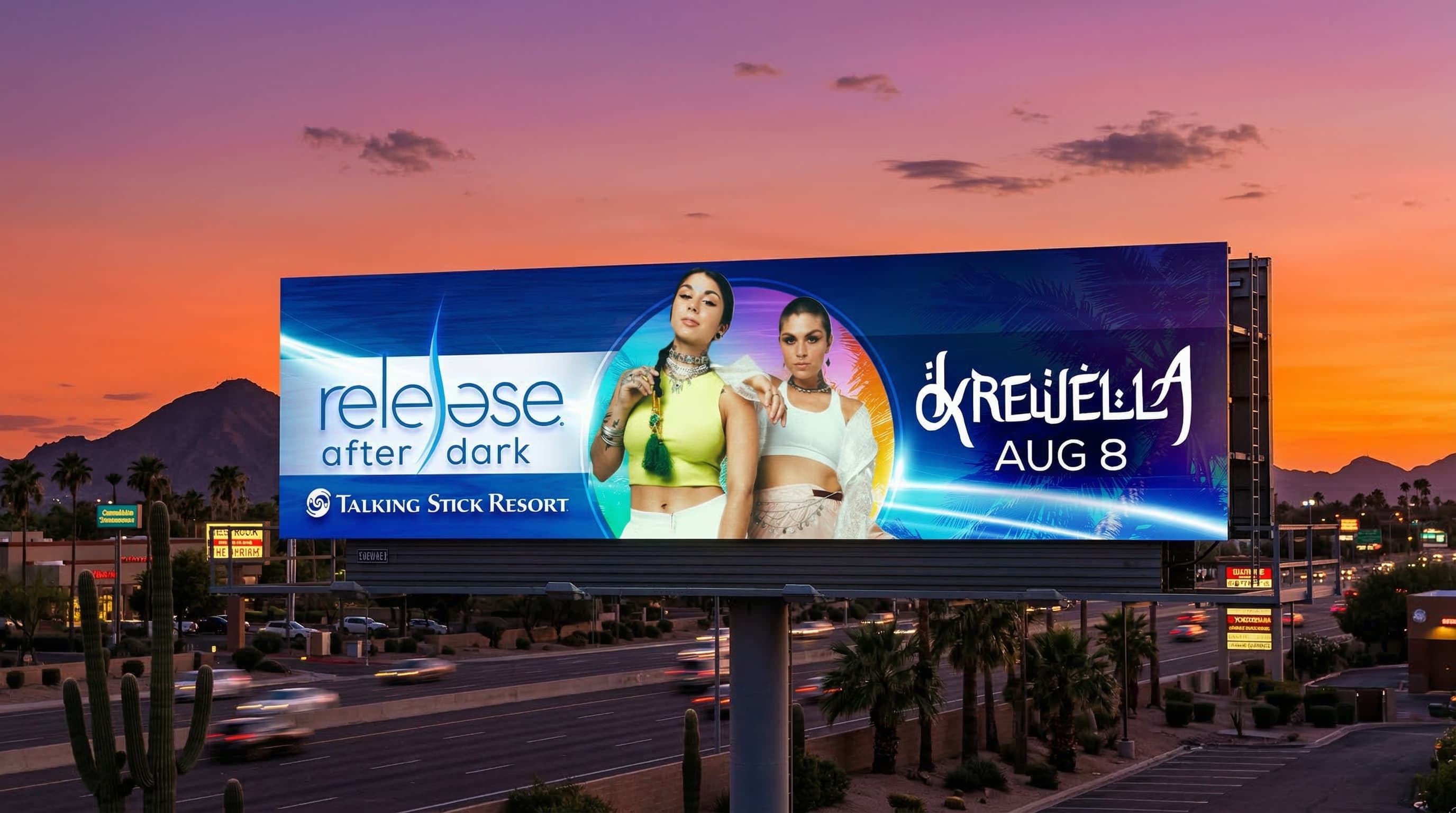 Release After Dark billboard at sunset